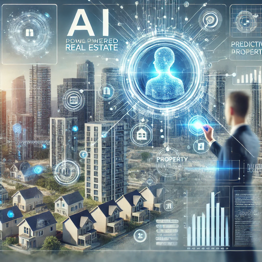 AI-powered real estate marketing concept featuring a futuristic city skyline with digital graphs, AI neural networks, and holographic property listings. A real estate agent interacts with a virtual screen displaying analytics and predictive data, symbolizing technology-driven property solutions.