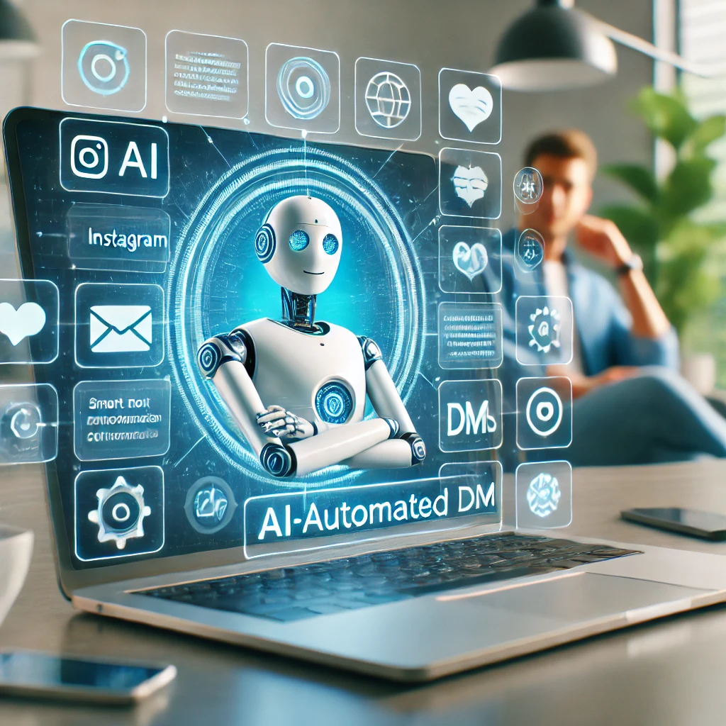 AI-powered Instagram communication platform showing a laptop screen with automated DMs responding to customer queries. Floating icons represent AI, automation, and smart communication, with a relaxed business owner in the background, symbolizing efficiency and innovation.